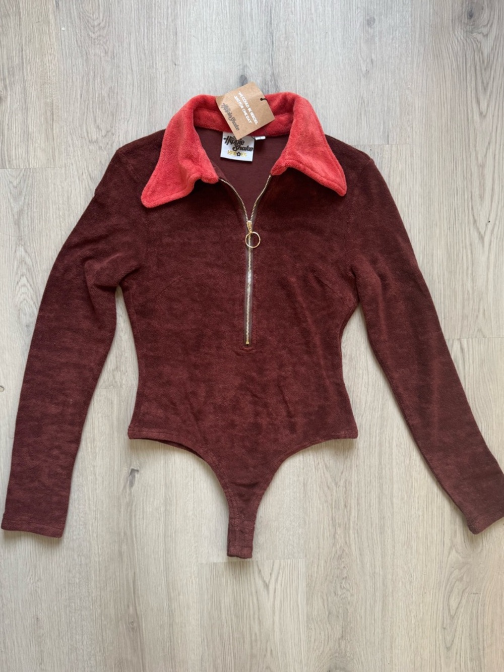 NWT The Hippie Shake Brown Rust Red Bodysuit with Coral Collar and Zip Size 6